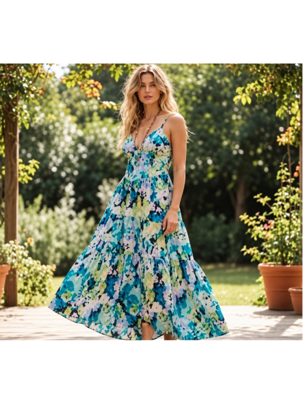 Free People Floral Tiered Maxi Dress Women’s M Blue Green Strappy Boho